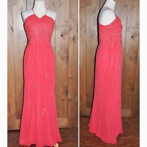 Precious Formals Coral Sequin Beaded Sexy Backless Formal Evening Gown Silk